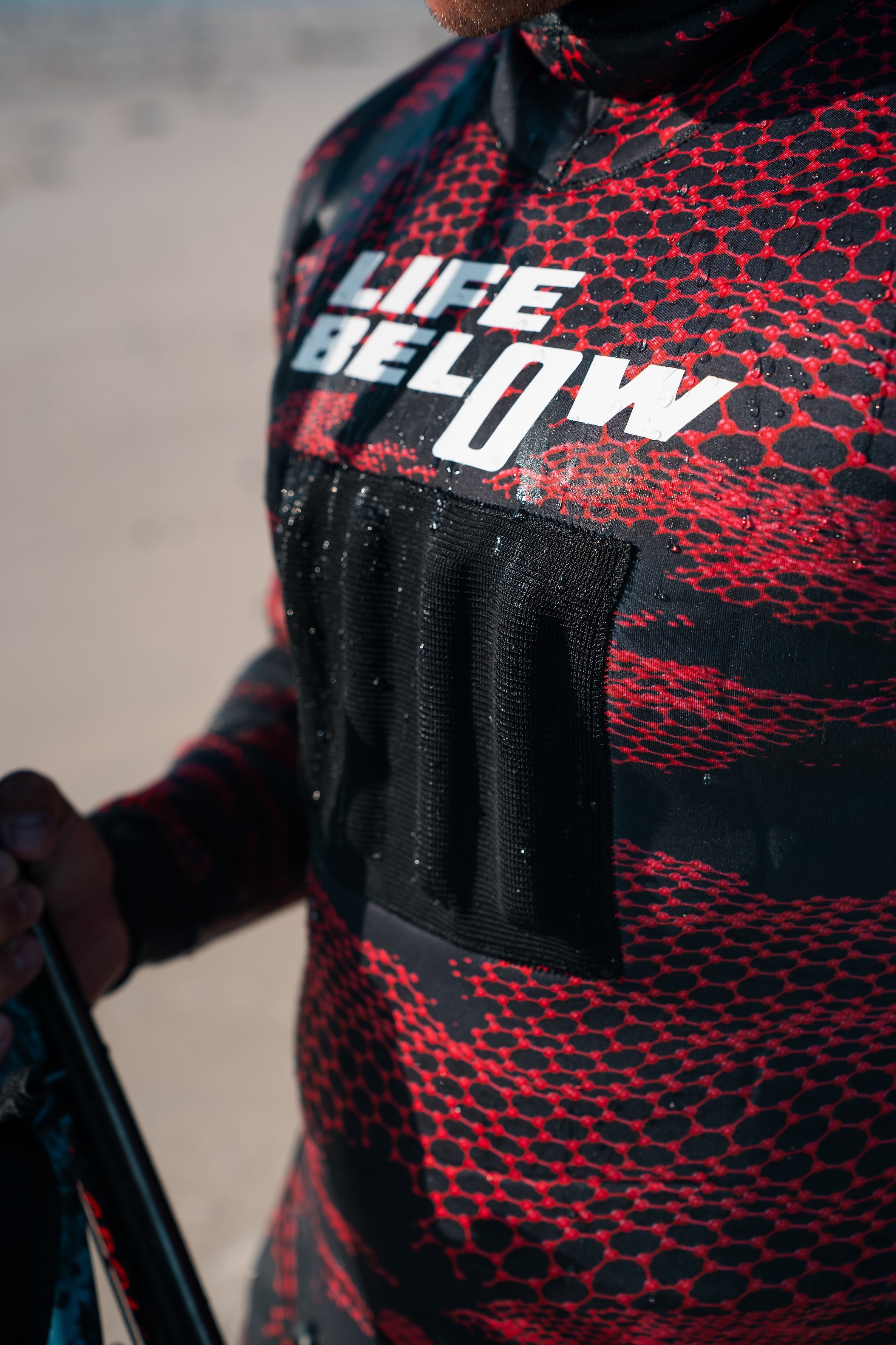 Life Below spearfishing wetsuit chest pad detail
